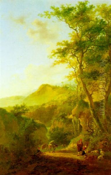 A Rocky Wooded Landscape With A Muleteer                    And A Shepherd On A Mountain Track Oil Painting by Jan Dirksz. Both