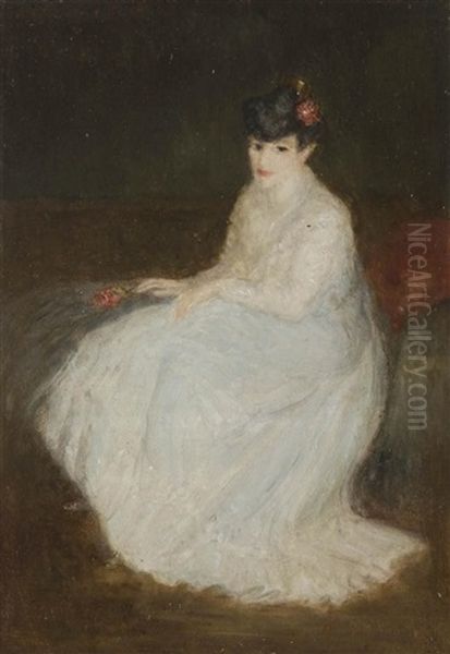 Femme Assise En Blanc A La Rose Oil Painting by Georges Bottini