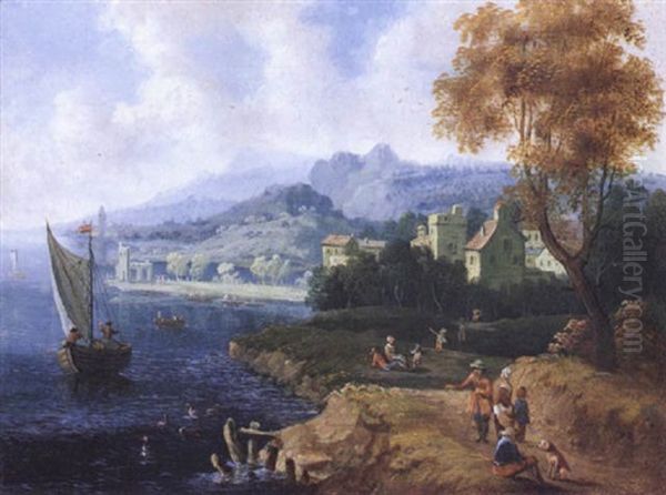 Sudliche Kustenlandschaft Mit Figuren Und Segelbooten Oil Painting by Adriaen Frans Boudewyns the Elder