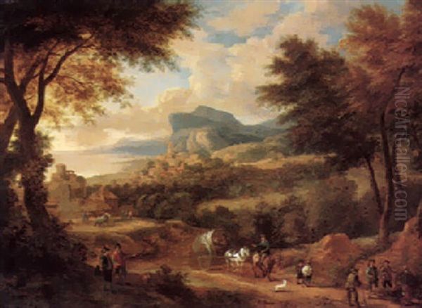 A Coastal Landscape With Travellers On A Path, A Town Beyond Oil Painting by Adriaen Frans Boudewyns the Elder