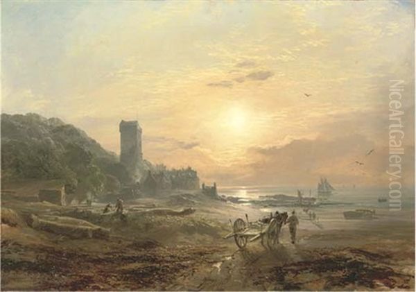 View Of Culross On The Forth, With Figures In The Foreground And A Village Beyond Oil Painting by Samuel Bough