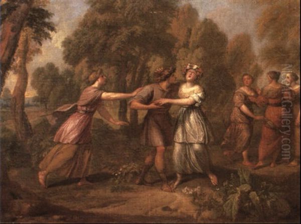 Classical Youth And Maidens Playing Blind Man's Buff In A Wooded Landscape Oil Painting by Louis de Boulogne the Younger