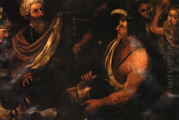 David Presenting The Head Of Goliath To King Saul Oil Painting by Valentin De Boulogne