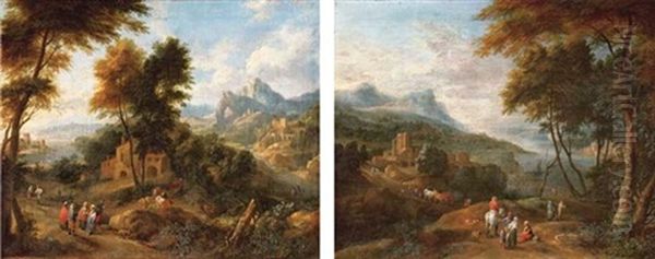 A Mountainous Wooded Landscape With Peasants (+ An Extensive River Landscape With Travellers, Both Collab. W/adriaen Frans Boudewijns; Pair) by Pieter Bout