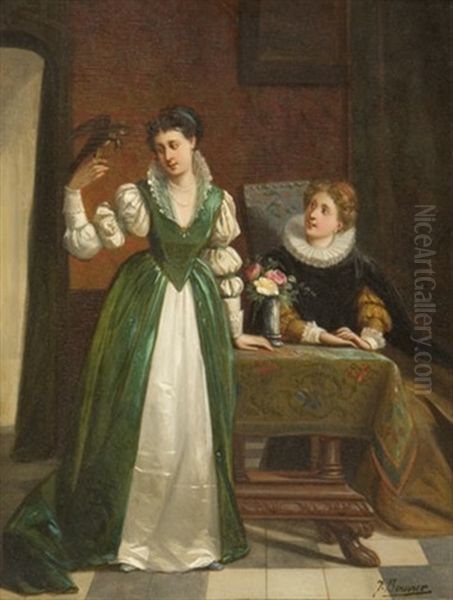 Ladies In An Interior With A Falcon Oil Painting by Jules I Bouvier