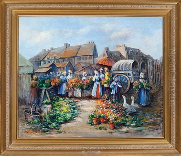 Flower Market - Holland Oil Painting by Harriette Bowdoin