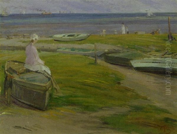 Strandparti Med Figurer, I Baggrunden Havet Oil Painting by Peter Rostrup Boyesen
