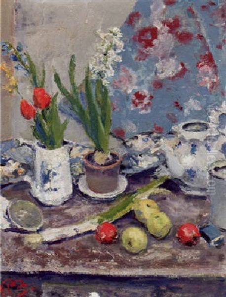 Frugter Og Blomster Oil Painting by Peter Rostrup Boyesen