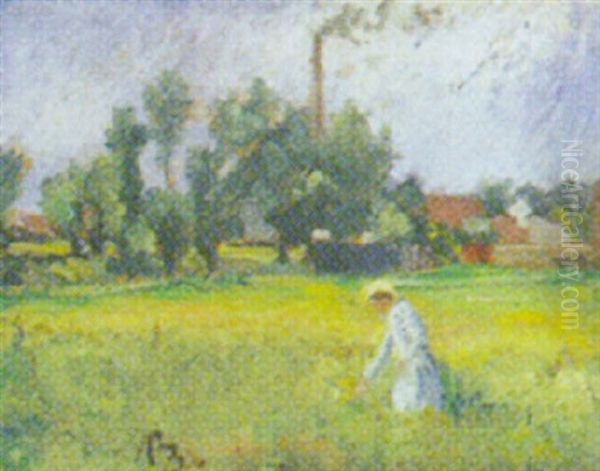 Landskab Med Pige Der Plukker Blomster Pa Marken Oil Painting by Peter Rostrup Boyesen