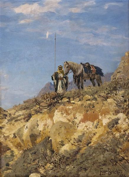 Beduine Mit Pferd Als Kundschafter In Felsenlandschaft Oil Painting by Eugen Felix Prosper Bracht