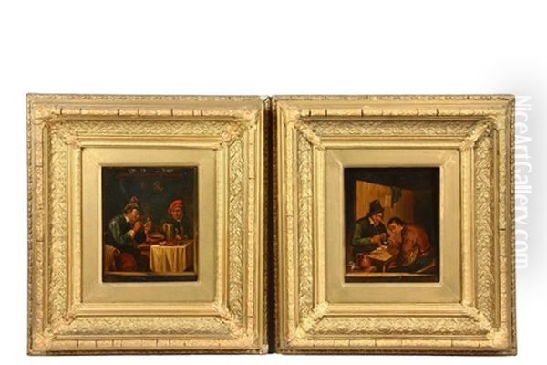 Two Flemish Tavern Scenes Oil Painting by Ferdinand de Braekeleer the Elder