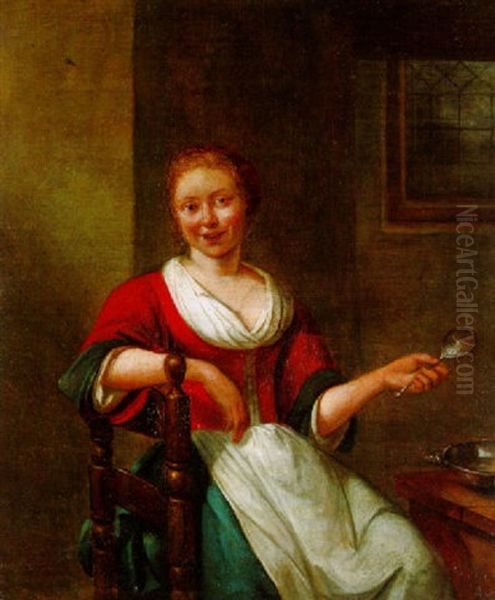 Frau Mit Loffel Im Interieur Oil Painting by Richard Brakenburg