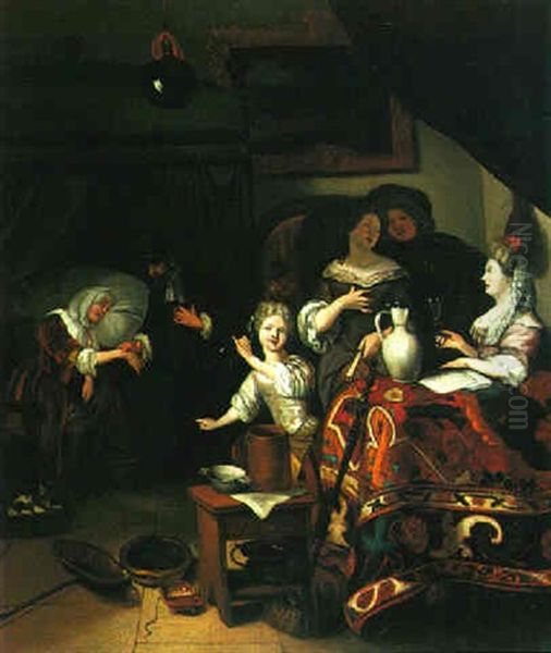 Interior With Figures Gathered Around A Table Covered With A Turkish Rug And A Doctor Examining A Woman Oil Painting by Richard Brakenburg