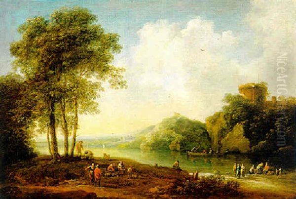 Fluslandschaft Mit Einem Turm Und Bauern Oil Painting by Johann Christian Brand