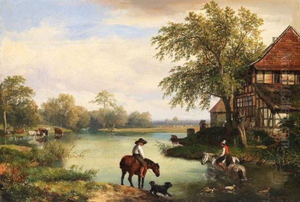 Reiter Am Flussufer Oil Painting by Hans Heinrich Juergen Brandes