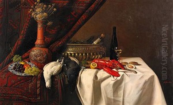 Stilleben Med Matta, Hummer, Ostron, Gronsaker Och Champagne Oil Painting by Hans Heinrich Juergen Brandes