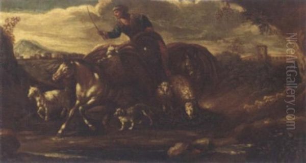 An Italianate Landscape With A Shepherd On Horseback Herding His Flock Oil Painting by Domenico Brandi