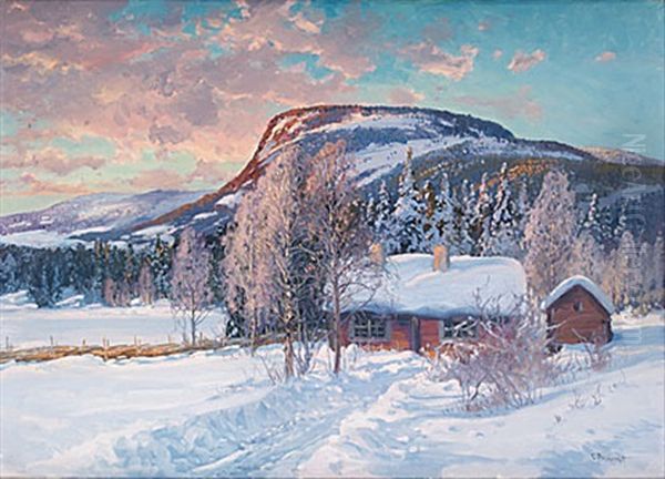 Stuga I Vinterlandskap Oil Painting by Carl Brandt
