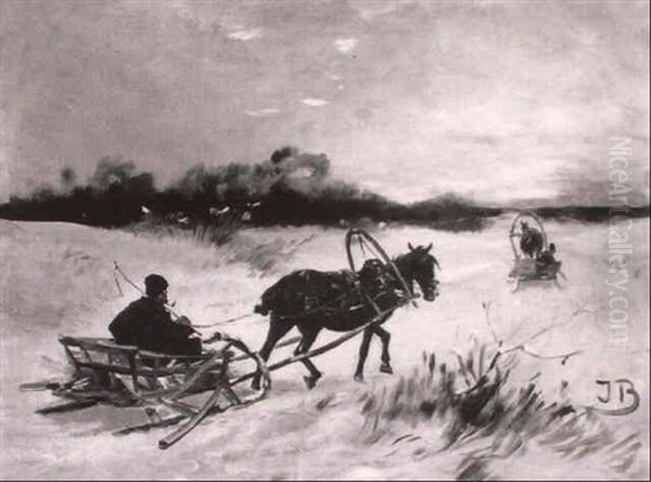 Troikas On A Winter Track Oil Painting by Jozef Brandt