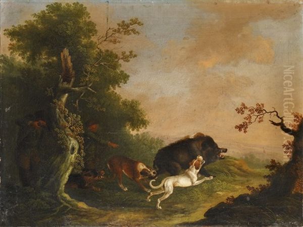 Jagdszene Mit Eber Und Zwei Hunden Oil Painting by Magnus Brasch