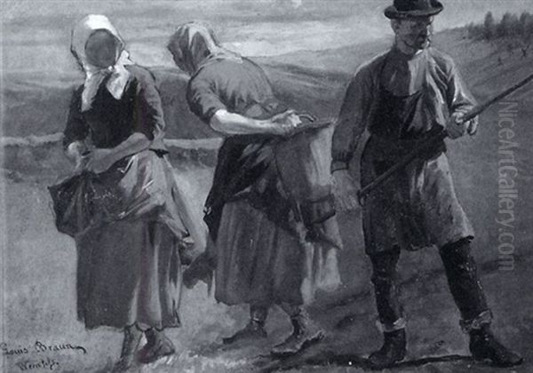Bauer Und Zwei Magde Auf Dem Feld Oil Painting by Louis (Ludwig) Braun