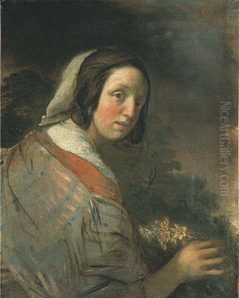 Portrait Of A Young Woman, Half-length, Holding A Posy Of Narcissi In Her Right Hand Oil Painting by Jan De Bray