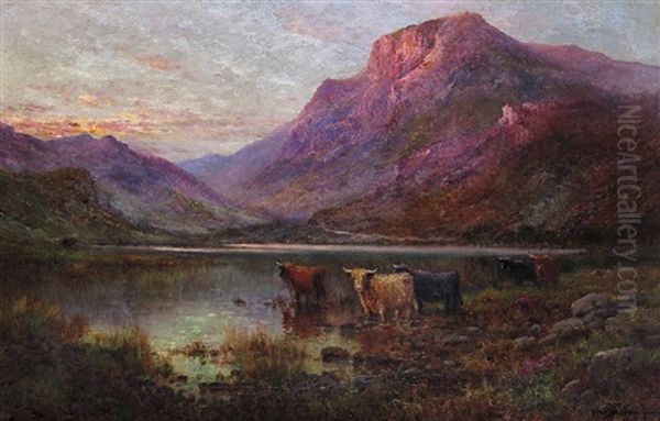 Evening - The Borders Of A Highland Loch Oil Painting by Alfred Fontville de Breanski Jr