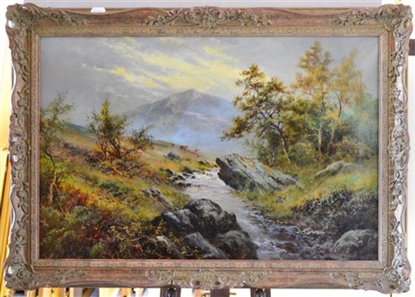 Highland Landscape With Cattle Grazing Oil Painting by Alfred Fontville de Breanski Jr