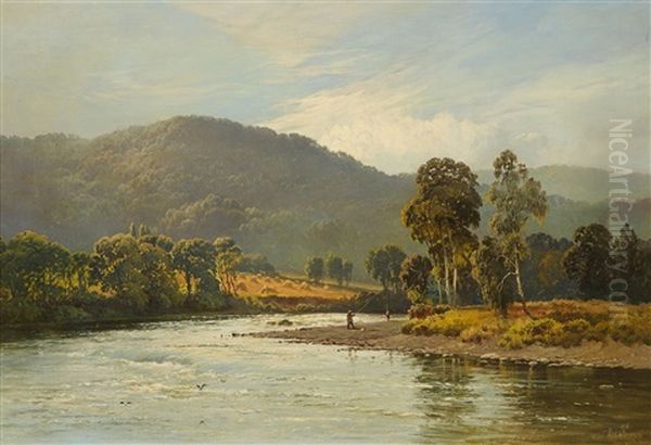 Scottish Summer Landscape With An Angler Oil Painting by Alfred Fontville de Breanski Jr