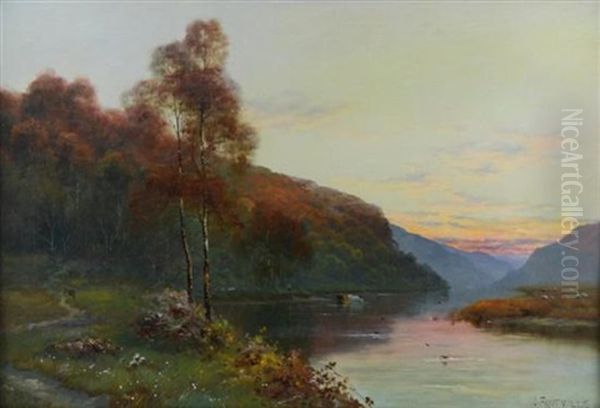 River Landscape With Trees And Cattle Oil Painting by Alfred Fontville de Breanski Jr