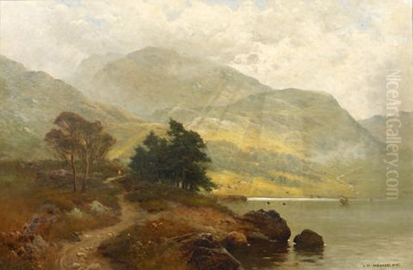 Sunlit Mountainous Landscape Oil Painting by Alfred Fontville de Breanski Jr