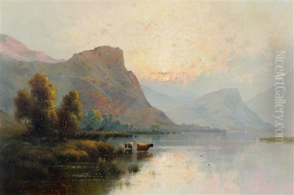 Scottish Loch Scene At Sunset, With Highland Cattle In The Foreground Oil Painting by Alfred Fontville de Breanski Jr