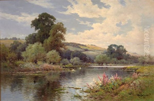 Swans On Lake Oil Painting by Alfred Fontville de Breanski Jr