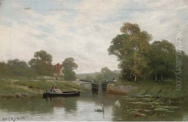 Penton Hook Lock On The Thames Oil Painting by Alfred Fontville de Breanski Jr