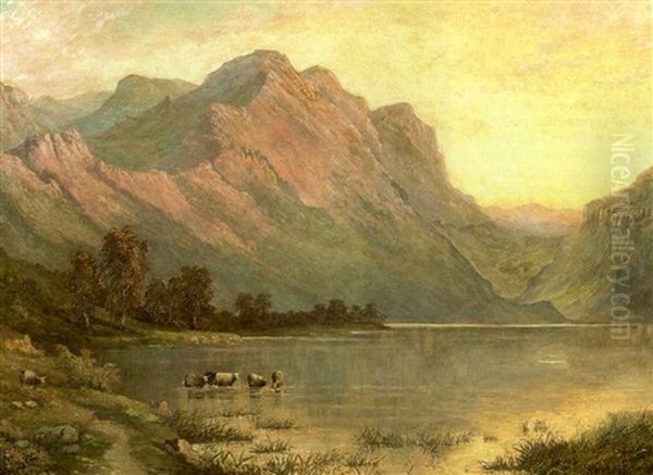 Loch In The Scottish Highlands With Cattle Watering Oil Painting by Alfred Fontville de Breanski Jr