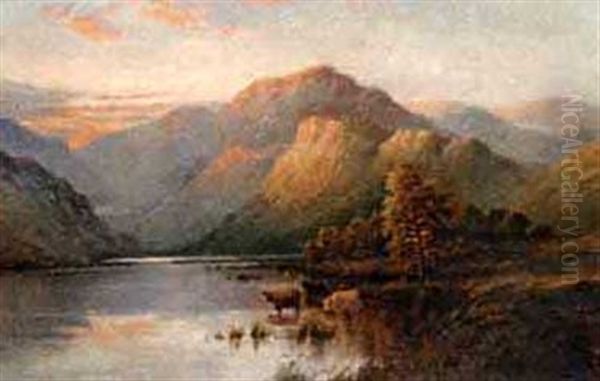 Untitled - Highland Cattle At A Mountain Tarn Oil Painting by Alfred Fontville de Breanski Jr