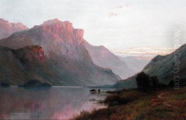 Mountain Landscape With Cattle Watering Oil Painting by Alfred Fontville de Breanski Jr