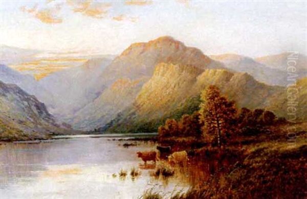 Highland Loch With Cattle Watering Oil Painting by Alfred Fontville de Breanski Jr