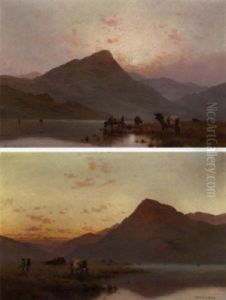 Scene Fra Wales Med Kvaeg Ved Vandingsstedte, Solnedgang