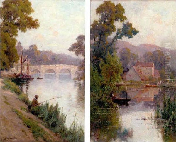 A Fisherman On The Bank Of The Thames With Richmond Bridge Beyond Oil Painting by Alfred Fontville de Breanski Jr