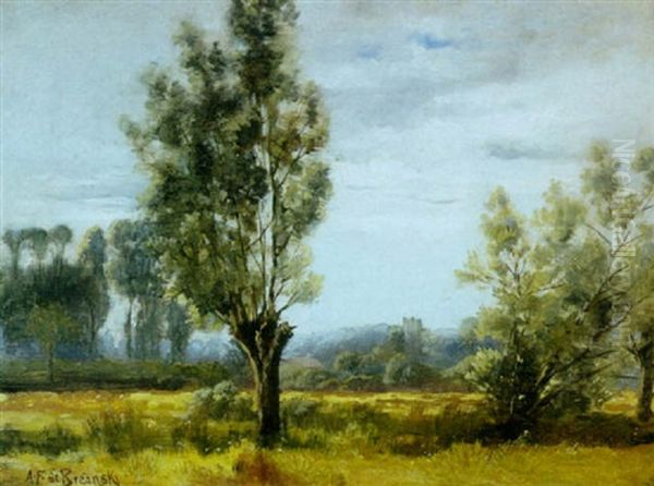 A Summer Landscape With A Church Tower Oil Painting by Alfred Fontville de Breanski Jr