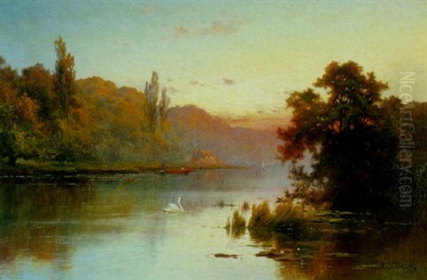 A River Landscape With Dusk At Hineham-on-thames Oil Painting by Alfred Fontville de Breanski Jr