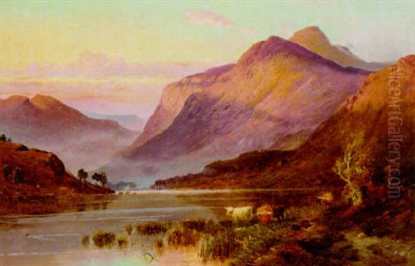 Highland Cattle Watering In A Loch Landscape Oil Painting by Alfred Fontville de Breanski Jr