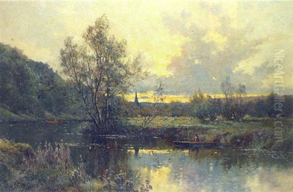 A Bend In The River Wey, Evening Oil Painting by Alfred Fontville de Breanski Jr