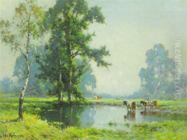 A View Of A Meadow With Cattle At A Pond In The Foreground Oil Painting by Alfred Fontville de Breanski Jr