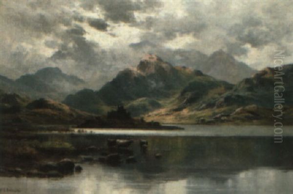 Cattle Watering In The Highlands Oil Painting by Alfred Fontville de Breanski Jr
