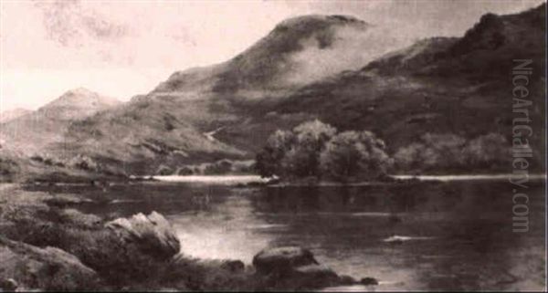 Highland River Lamdscape With Cattle Watering Oil Painting by Alfred Fontville de Breanski Jr