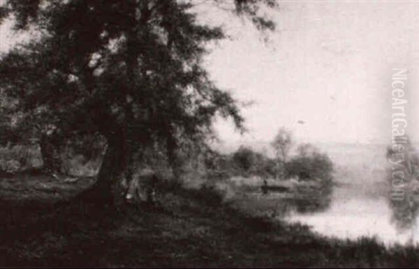 Evening River Landscape With Figures Oil Painting by Alfred Fontville de Breanski Jr