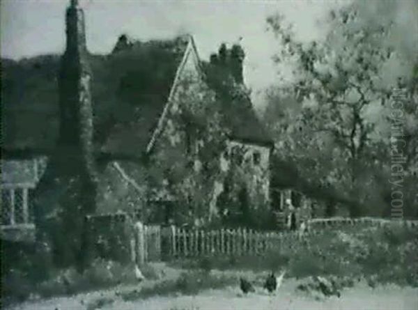 Two Rustic Village Views: Milton's Cottage, Chalfont St.    Giles; Town Mill (an Old Mill Stream, Amersham Bucks) Oil Painting by Alfred Fontville de Breanski Jr
