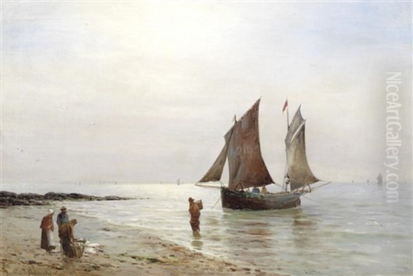 On A Beach Oil Painting by Gustave de Breanski